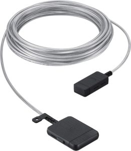 Close-up of the Samsung Frame TV's One Connect wire, a sleek and minimalist cable solution for clutter-free TV setups.